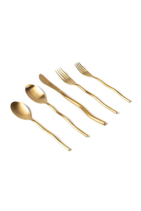 Misette Squiggle 5 Piece Cutlery Set in Matte Gold | FWRD Black Utensils, Table D Hote, Black Dishwasher, Hosting Guests, Bathroom Outdoor, Cutlery Sets, Toy Kitchen, Modern Vibe, Flatware Set