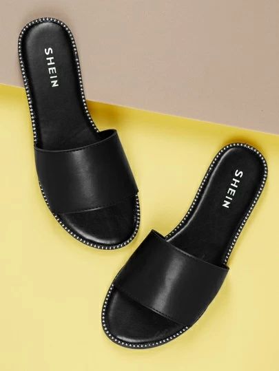 Shoes | Free Returns | SHEIN USA Cute Shoes Flats, Slippers For Ladies, Sandals Shein, Elegant Slippers, Women Flat Sandals, Strappy Flats, Black Slides, Black Stud, Flats Patterns