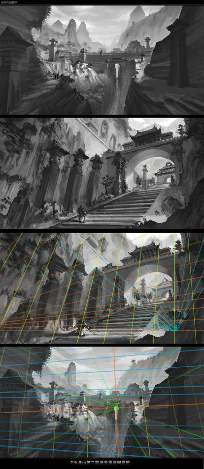 Composition Digital Art, Comic Environment Art, Environment Concept Art Composition, Exterior Environment Concept Art, Landscape Drawing Perspective, Perspective Art Reference Background, Environment Concept Art Thumbnails, Perspective Art Landscape, Environment Art Tutorial