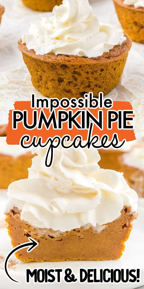 Impossible pumpkin pie cupcakes boast all the deliciousness of a pumpkin pie, but you can eat it with your hands. Rich and creamy, these pumpkin pie cupcakes are a perfect dessert for the holiday season, a special dinner, or anytime you have that pumpkin spice craving. Impossible Pumpkin Pie Cupcakes, Crustless Pumpkin Pie Cupcakes, Pumpkin Pie Cupcakes Recipe, Impossible Pumpkin Pie, Home Made Cupcakes, Pumpkin Pie Cupcakes, Crustless Pumpkin Pie, Pie Cupcakes, Easy Cupcake Recipes