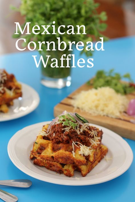 Food Lust People Love: Mexican cornbread waffles are super cheesy and spicy, the perfect breakfast or dinner any day of the week. Cooking the batter in a waffle iron gives it the most wonderful golden crunchy exterior. Mexican Waffles, Cornbread Mexican, Cornbread Waffles Recipe, Savory Waffle Recipe, Spicy Cornbread, Cheesy Bread Recipe, Cornbread Waffles, Waffle Iron Recipes, Mexican Cornbread