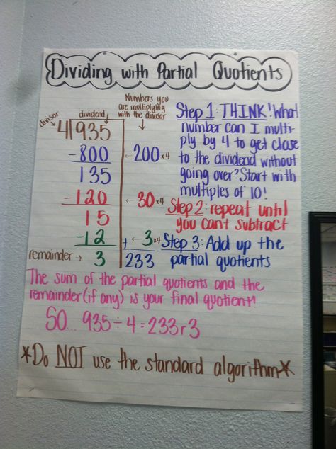 Dividing with partial quotients Long Division Partial Quotients, Division Partial Quotients, Partial Quotients Division Anchor Chart, Partial Quotient Division Anchor Chart, Partial Quotient Anchor Chart, Partial Quotient, Partial Quotient Division, Partial Quotients, Math Charts