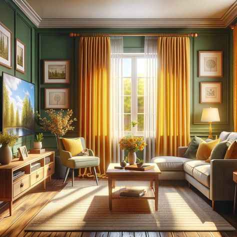 green walls with mustard yellow curtains Green Walls Yellow Curtains, Yellow And Green Living Room Ideas, Mustard Curtains Living Room, Green And Yellow Living Room, Yellow Curtains Bedroom, Calm Workspace, Yellow Curtains Living Room, Scandinavian Home Office, Mustard Living Rooms