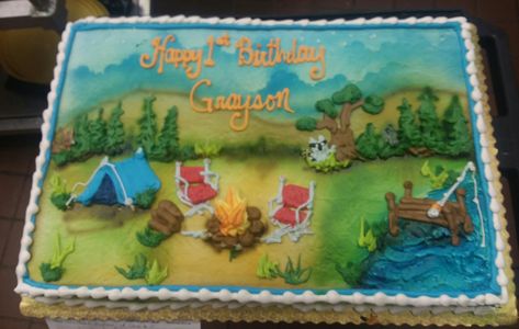 Camping Theme Cakes, Camping Birthday Cake, Camper Cakes, Cool Cakes, Camping Cake, Fish Cake Birthday, Half Sheet Cake, Camping Cakes, Cake For Husband