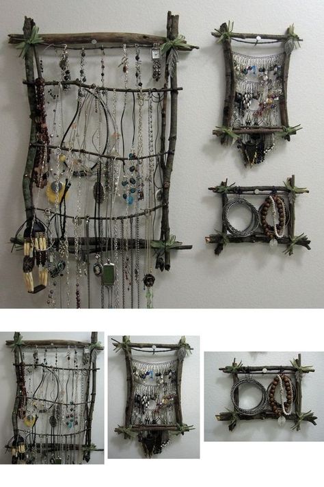 Twig Jewelry Holder, Jewelry Rack Diy, Cottagecore Jewelry Holder, Creative Dorm Ideas, Stick Necklace Holder, Diy Wood Jewelry Holder, Jewelry Hanger Diy, Vintage Jewelry Holder, Stick Jewelry Holder