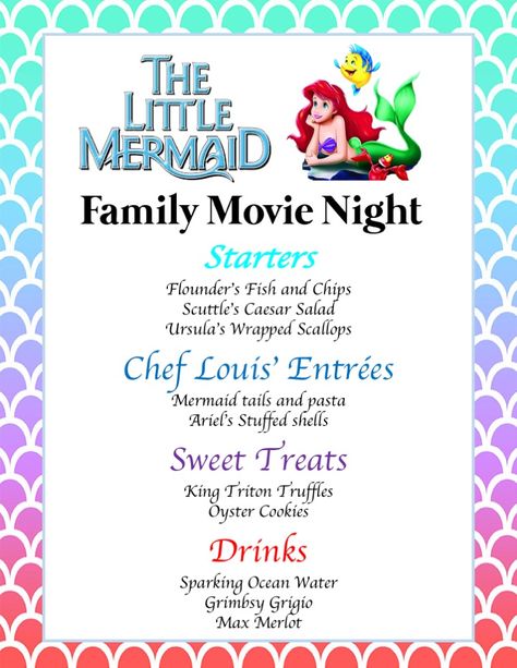 Little Mermaid  Movie Night  Disney Family Movie Night  Little Mermaid Food  Little Mermaid Menu Little Mermaid Movie Night, Mermaid Movie Night, Movie Night Disney, Disney Movie Themed Dinner, Family Movie Night Themes, Disney Movie Night Menu, Disney Themed Movie Night, Disney Movie Night Food, Mermaid Food