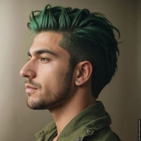 Medium Length Hairstyles for Men Men Green Hair, Mens Dyed Hair Ideas, Green Hair Men, Black And Green Hair, Male Aesthetic, Dark Green Hair, Medium Length Hairstyles, Mens Hairstyles Thick Hair, Mens Fade