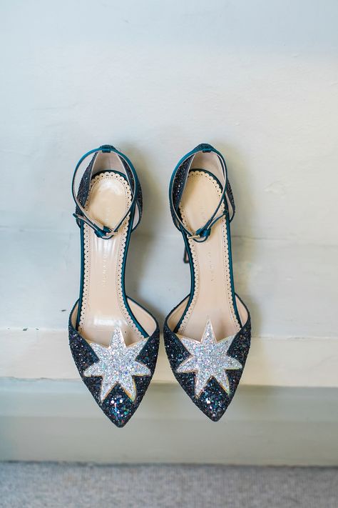 Starry Wedding, Starry Night Wedding, Theatre Wedding, Charlotte Olympia Shoes, Designer Wedding Shoes, Bridal Shoe, Celestial Wedding, Bridal Sandals, Blue Wedding Dresses