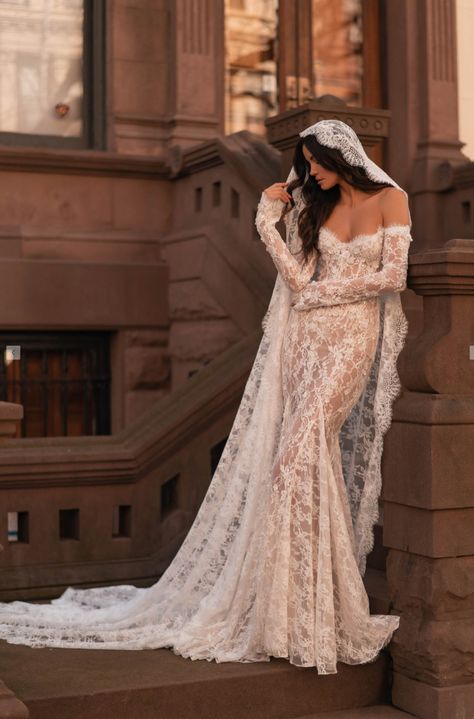 Boho Sequin Wedding Dress, Romantic Lace Wedding Dress With Sleeves, Elegant Wedding Dress Lace Sleeves, Elegant Wedding Dress Mermaid Lace, Lana Del Rey Wedding Dress Aesthetic, Wedding Dresses Gothic White, Lace Elopement Dress, Long Sleeve Casual Wedding Dress, Spanish Inspired Wedding Dress