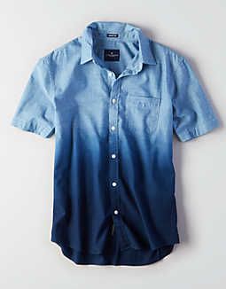 AEO Dip Dye Short Sleeve Chambray Shirt - Men's Shirts And Tops, Camp Shirts, Tie Dye Fashion, Button Ups, Denim Shirt Men, Trendy T Shirts, Flannel Shirts, Tropical Shirts, Men's Hoodies