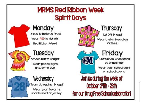 Red Ribbon Week Ideas Dress Up, Red Ribbon Week Dress Days, Dress Up Day Ideas, Counselors Office, Asb Ideas, Stuco Ideas, Spirit Week Themes, Spirit Day Ideas, Dress Up Days