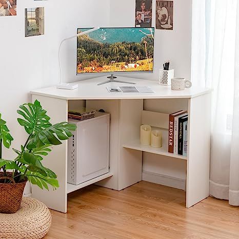 Amazon.com: Tangkula White Corner Desk, 90 Degrees Triangle Corner Computer Desk for Small Space, Bedroom Corner Makeup Vanity Desk with Storage Shelves & CPU Stand, Space Saving Corner Writing Desk : Home & Kitchen White Corner Desk, Cpu Stand, Corner Writing Desk, Small Computer Desk, Space Saving Desk, Desks For Small Spaces, Corner Computer Desk, Bedroom Corner, Make Up Desk Vanity