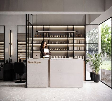 Project of a beauty salon from Concretica architects in Bali. BEAUTIQUE embodies a combination of European approach and state-of-the-art equipment, creating a unique space for beauty and relaxation on the island of Bali. We made the design open, with European minimalist motifs, to reveal the main values of the salon - openness, safety and  comfort for each client. Minimalist Beauty Salon, Bar Space, Hair Salon Design, Beauty Salon Interior, Minimalist Beauty, Salon Interior Design, Skin Care Shopping, Nail Bar, Salon Design