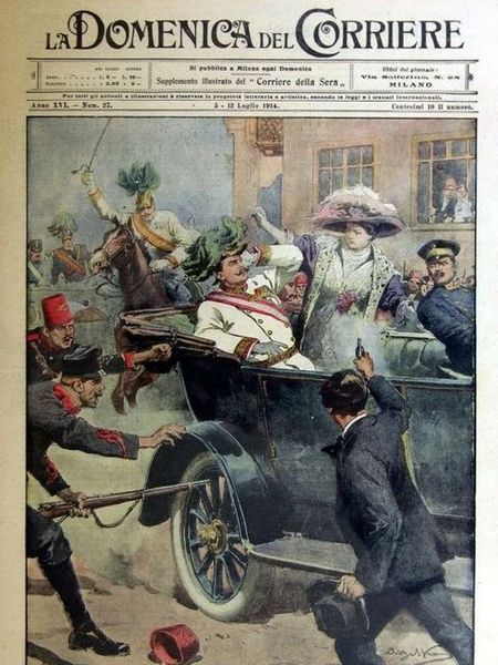 The first page of the edition of the Domenica del Corriere, an Italian paper, with a drawing of Achille Beltrame depicting Gavrilo Princip killing Archduke Francis Ferdinand of Austria in Sarajevo. Triple Entente, International University, Pulp Art, Nagasaki, Foto Vintage, Interesting History, Vintage Magazine, Military History, Serbia