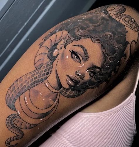 African Medusa Tattoo Goddesses, Afro Spiritual Tattoos, Medusa Tattoo Black Women Arm, African Women Tattoo Ideas, African American Medusa Tattoo, Black Warrior Woman Tattoo, Oshun Goddess Tattoo Ideas, Afro Medusa Tattoo, Black Woman Face Tattoo