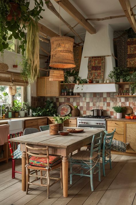 Rustic kitchen with a wooden dining table, mismatched chairs, hanging plants, and a colorful tiled backsplash. Boho Mid Century Kitchen, Thrifted Interior, Boho Small Kitchen, Boho Kitchen Ideas Bohemian Style, Modern Scandi Kitchen, Thrifted Kitchen, Shabby Chic Bedrooms On A Budget, Hippie Kitchen, Kitchen Tile Inspiration