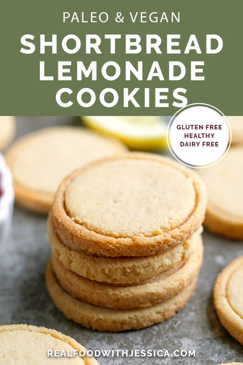 These Paleo Vegan Shortbread Lemonades are a copycat version of the popular Girl Scout cookie. Made with just 6 ingredients and so delicious! Gluten free, dairy free, egg free, and naturally sweetened. #paleo #vegan #glutenfree #dairyfree #eggfree #healthy | realfoodwithjessica.com via @realfoodwithjessica Lemonade Girl Scout Cookies, Vegan Shortbread, Indian Vegan, Lemon Shortbread Cookies, Paleo Cookies, Paleo Vegan, Paleo Dessert, Gluten Free Cookies, Shortbread Cookies