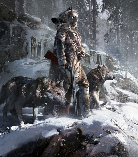 Winter Hunter, Brock Grossman on ArtStation at https://www.artstation.com/artwork/xJZbmX Action Outfits, Winter Hunter, Hunters In The Snow, Wolf Art Fantasy, Fantasy Lovers, Zooey Deschanel, Animal Companions, Digital Artists, Post Apocalyptic