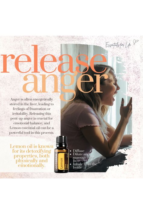 Anger is often energetically stored in the liver, leading to feelings of frustration or irritability. Releasing this pent-up anger is crucial for emotional balance, and Lemon essential oil can be a powerful tool in this process.

Lemon oil is known for its detoxifying properties, both physically and emotionally. Its bright, uplifting aroma helps cleanse and refresh the liver, making it easier to let go of anger and welcome a sense of calm.

my.doterra.com/womenshealth?utm_campaign=ds&utm_medium=ds&utm_source=ds&OwnerID=6012595 Releasing Anger, Preconception Planning, Short Meditation, How To Release Anger, Let Go Of Anger, Release Anger, Fertility Help, Lemon Essential Oil, Thyroid Issues