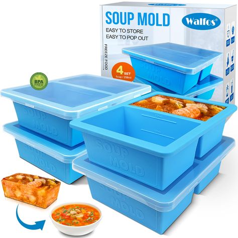 PRICES MAY VARY. ★ FOOD GRADE SILICONE – 1-Cup Silicone Soup Freezer Mold are made of food grade silicone. WIDE HEAT RESISTANT RANGE: From -104℉ to 446℉(not the lid); BPA Free, no odor and no toxic. Safe for oven, fridge, freezer and dishwasher. Just feel free to enjoy much healthier treats with your family and friends. ★ PORTION CONTROL – Each compartment of the soup ice cube tray has four clear filling lines to help you freeze food in 4 perfect portions: ½Cup-125ML or 1Cup-250ML. Clear tight f Ice Cube Tray Recipes, Freezing Soup, Freeze Food, Healthier Treats, Freezer Containers, Soup Broth, Friends Food, Ice Cube Molds, Premium Food