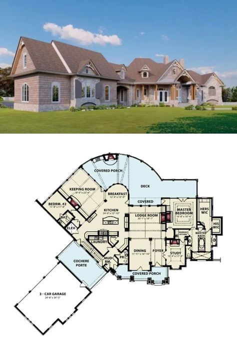 4,100 Sq Ft Mountain-Style Sunbury Cottage House Plan with Elevator and Angled Garage (4-Bedroom) Wraparound Deck, Covered Front Porch, Cedar Shake Siding, Angled Garage, Lodge Room, Brick Siding, Cottage House Plan, Cottage Style House Plans, Garage Floor Plans