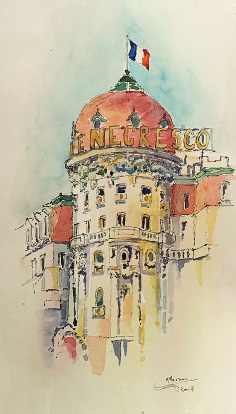 Sketch of the famous Negresco Hotel on Promenade des Anglais, Nice, France. France Sketch, Nice France Travel, Things Paint, Paint Clay, Architecture Work, Chair Drawing, French Stuff, France Drawing, The French Riviera