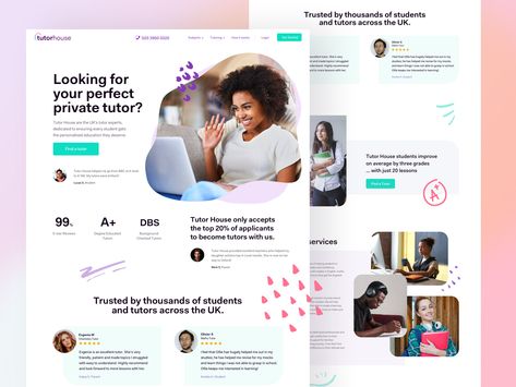 Homepage redesign for tutors website by Kate Litvin Tutor Website Design, Tutoring Website Design, Web Design Education Website, Webflow Design, Online Education Website Design, Online Course Website Design Layout, Education Website Design, Tutor Website, Homepage Inspiration