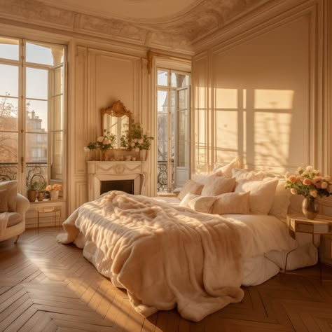 Creamy Cozy Bedroom, French Apartment Bedroom Aesthetic, Classic Aesthetic Bedroom, Cute House Interior Bedrooms, French House Bedroom, Parisian Master Suite, French Style Interior Design Bedroom, Romantic Traditional Bedroom, Minimalist French Bedroom