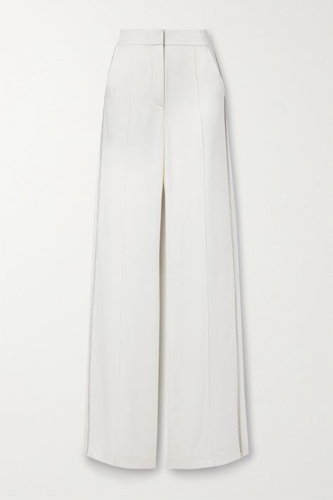 Veronica Beard's otherwise simple 'Millicent' pants are decorated with crystal-embellished piping along the side of each wide leg. They're tailored from fluid satin-crepe and have a high-rise waist and exposed seams through the front. Wide Leg White Pants Outfit, Uzun Boy, Elegant Pants, Clothing Templates, White Pants Outfit, Bearded Lady, Flat Dress Shoes, Exposed Seams, Dress Flats