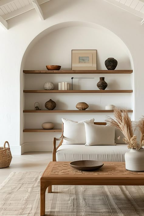 Minimalist living room decor with arched shelves Cozy Aesthetic Living Room, Small Minimalist Living Room, Living Room Cozy Warm, Living Room Without Tv, Minimal Decor Ideas, Minimal Home Decor Ideas, Minimalist Home Aesthetic, Bedroom Office Design, Minimal Room Decor