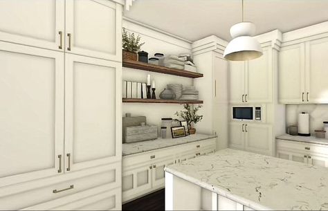 White Kitchen Bloxburg, Realistic Kitchen Ideas Bloxburg, Suburban Bloxburg Kitchen, Realistic Farmhouse, Modern French Home, Bloxburg Apartment, Brick Townhouse, Realistic Kitchen, Bloxburg Interior