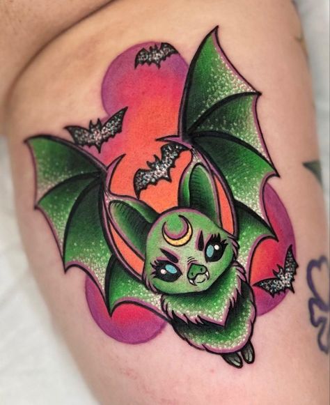 Cartoon Bat Tattoo, Scary Tattoo Designs, Bat Tattoos, Cute Halloween Tattoos, Bats Tattoo Design, Tattoo Leggings, 2023 Tattoo, Tattoo Artist Tattoo, Goth Tattoo