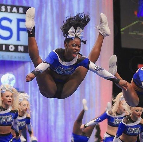 Maryland Twisters Cheer, Black All Star Cheerleader, Toe Touches Workout Cheer, Toe Touch Cheer, Maryland Twisters F5, Cheer Competition Hair, Worlds Cheer, Cheer Worlds, Cheer Hairstyles