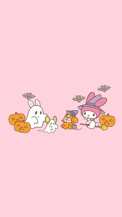 not originally mine!! I just changed the background color! My Melody Fall Wallpaper, Cute Fall Phone Backgrounds, Cute Halloween Wallpaper Ipad, Fall Pink Aesthetic, Ios Background, Sanrio Halloween Wallpaper, Pink Fall Wallpaper, Pink Halloween Wallpaper, Hello Kitty Halloween Wallpaper