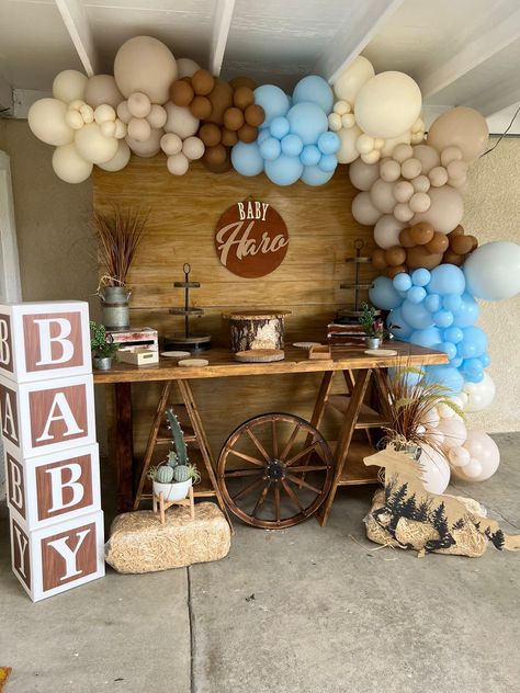 A Little Cowboy Is On His Way Backdrop, Baby Shower Ideas Cowboy, Horse Baby Shower Ideas, A Little Cowboy Is On His Way, Baby Shower Vaquero, Cowboy Baby Shower Theme, Cow Baby Shower Theme, Twin Boys Baby Shower, Rodeo Baby