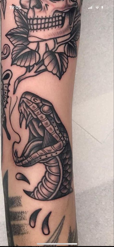 Trad Snake Tattoo Design, Rattlesnake Head Tattoo, Old School Dinosaur Tattoo, Black And Grey American Traditional Sleeve, Snake Head Traditional Tattoo, Inner Bicep Traditional Tattoo, American Traditional Bulldog Tattoo, Traditional Style Snake Tattoo, Old School Tattoo Black And White