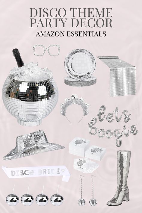 Disco Ball Themed Party Bachelorette Birthday Amazon Essentials Disco Outfit Disco Ball Nye Decor, Disco Hen Party Theme, Cowboy Disco Party Decorations, Last Disco Birthday Party, Silver Disco Birthday Party, White And Silver Disco Party, Mid 20s Birthday Party Ideas, Disco Theme Birthday Party Outfit, Disco Ball Party Outfit