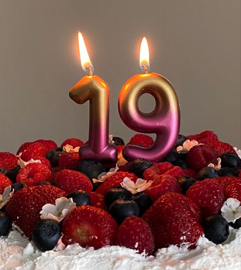 Aesthetic nineteen birthday cake with berries and candles on it Nineteen Birthday, Birthday Cakes, Birthday Decorations, Birthday Candles, Birthday Cake, Candles, Cake, Birthday, Quick Saves