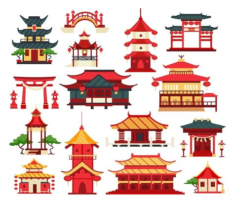 Chinese traditional buildings asian temp... | Premium Vector #Freepik #vector #chinese-architecture #chinese-building #shrine #chinese-house Chinese Buildings Drawing, Chinese House Illustration, Chinese Village Illustration, Chinese Building Illustration, Chinese Shrine, Chinese Building Concept Art, Chinese Houses, Chinese Architecture Traditional, Chinese Bridge