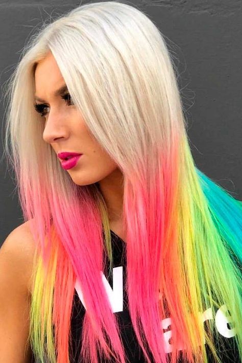 Neon and pastel, light and dark rainbow hair colors are all the rage nowadays. Explore visible and hidden rainbow ombre and highlights ideas. #glaminati #lifestyle #hairstyles #rainbowhair #ombre Dark Rainbow Hair, Hair Color Rainbow, Rainbow Hair Colors, Underdye Hair, Hair Lights, Edgy Hair Color, Ombre Hairstyles, Wedding Hair Colors, Hair Colorful