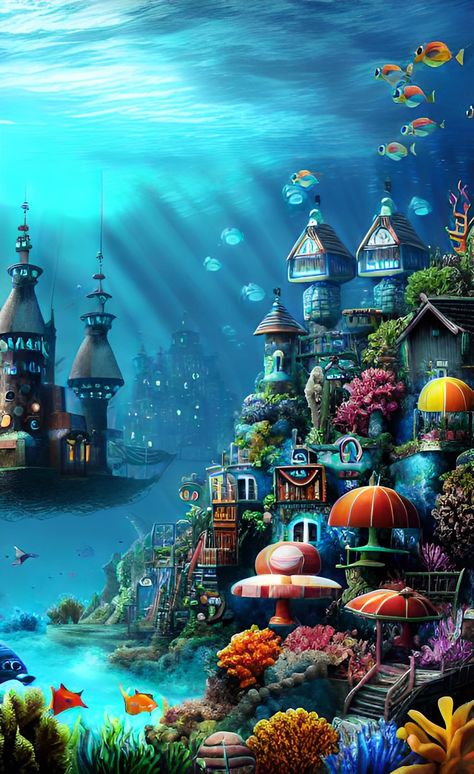 Mermaid House Illustration, Mermaid Village, Fantasy Setting Village, Underwater Village, Mermaid Kingdom, Art Place, Ocean Underwater, Sea Illustration, Fantasy Rooms