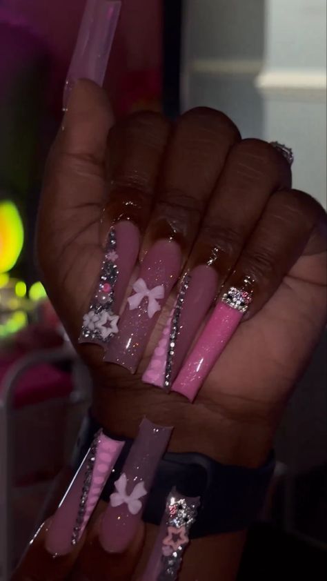 Pink Long Nail Designs, Nail Designs With Charms, Gel Toe Nails, Red Acrylic Nails, Long Acrylic Nail Designs, Long Nail Designs, Baddie Nails, Claw Nails, Colored Acrylic Nails