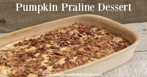 This Pumpkin Praline Dessert is so easy to make and is actually good enough it could replace pumpkin pie on your holiday table! Pumpkin Spice Snack Mix, Pumpkin Praline, Pumpkin Crunch Cake, Pumpkin Crunch, Pecan Pralines, Pumpkin Recipes Dessert, Pumpkin Pecan, Dump Cake, Pumpkin Dessert