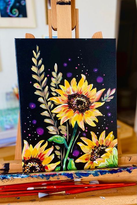 Sunflower Sip And Paint, Late Summer Painting Ideas, Sunflower On Black Canvas, Fall Sunflower Painting, Paint Night Inspiration, Sunflower Painting Ideas On Canvas, Grandma Painting Ideas, Class Painting Ideas, Painting Ideas On Canvas Sunflower