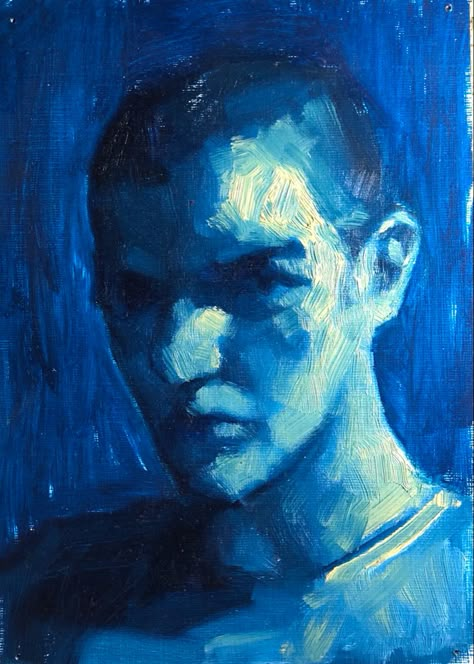 Blue Person Painting, Monochrome Oil Painting Portrait, Face Portrait Painting Acrylic, Monochromatic Oil Painting, Blue Oil Pastel Art, Monochromic Paintings, Blue Monochrome Painting, Unique Portrait Art Creative, Monochromatic Painting Portraits