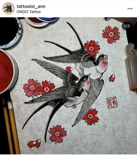 Japanese Bird Drawing, Swallow Japanese Tattoo, Japanese Birds Tattoo, Japanese Style Bird Tattoo, Japanese Sparrow Tattoo, Bird Japanese Tattoo, Japanese Bird Tattoo, Japanese Swallow, Lovebird Tattoo