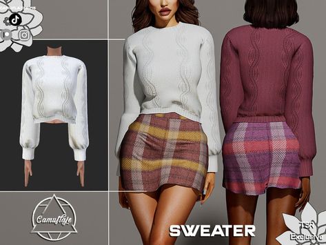 The Sims Resource - SET 353 - Knit Sweater Sims4 Sweater, Sims 4 Cc Knitted Sweater, Sims 4 Cc Sweaters Female, Sims 4 Cc Cropped Sweater, Sims 4 Female Sweater, Cut Hoodie, Female Clothes, Beige Shorts, Hoodie Set