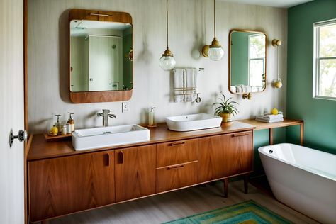 midcentury modern-style (hotel bathroom interior) with bathroom sink with faucet and bath towel and bathroom cabinet and mirror and plant and toilet seat and waste basket and bathtub. . with minimalist and function over form and nature indoors and wood pendant light mid century modern chandelier and mid century modern mobile chandelier and vibrant colors and muted tones and natural and manmade materials. . cinematic photo, highly detailed, cinematic lighting, ultra-detailed, ultrarealistic, phot Mid Century Modern Farmhouse Bathroom, Small Mid Century Modern Bathroom, Mid Century Tile Bathroom, Mcm Bathtub, Mid Century Modern Toilet, Bathroom Mid Century Modern, Modern Ensuite, Midcentury Modern Bathroom, Mid Century Tile