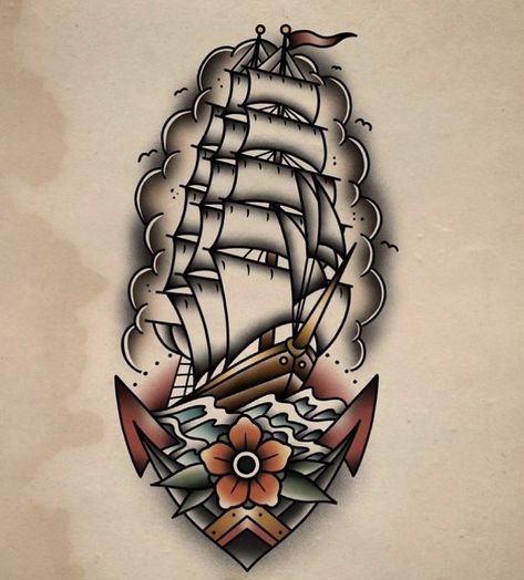 Traditional Clipper Ship Tattoo Design, Old School Ship Tattoo Design, American Traditional Ship Tattoo, Clipper Ship Tattoo, Traditional Nautical Tattoo, Traditional Sailor Tattoos, Traditional Ship Tattoo, Americana Tattoo, Sailor Tattoos