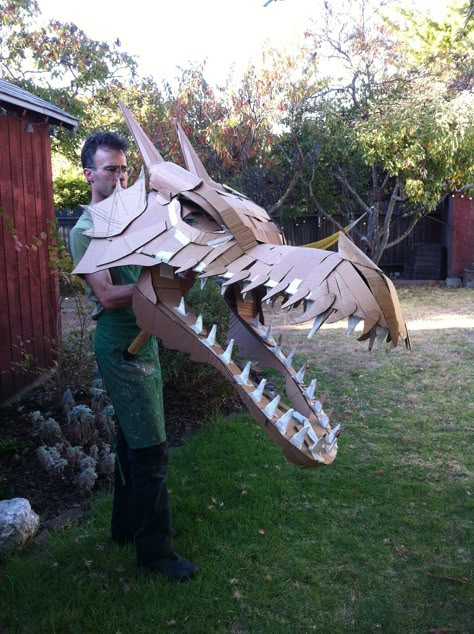 Paper Mache Dragon Head, Dragon Head Cardboard, Cardboard Dragon Head, Cardboard Dragon, Cardboard Costume, Cardboard Construction, Cardboard Mask, Make A Dragon, She Kills Monsters